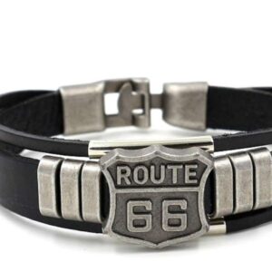 Pulsera brazalete motoquero cuero genuino y acero quirúrgico "ROUTE 66"