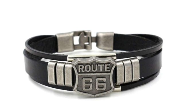 Pulsera brazalete motoquero cuero genuino y acero quirúrgico "ROUTE 66"