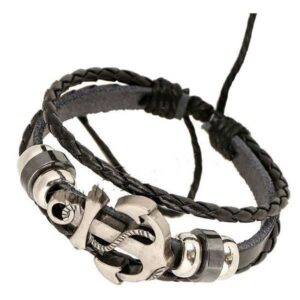 Pulsera artesanal de cuero y plata tibetana con Ancla "OTATO"
